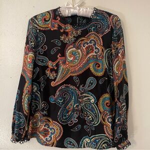 J.Crew Black Silk Paisley Blouse Picot Trim Button Back Size 2